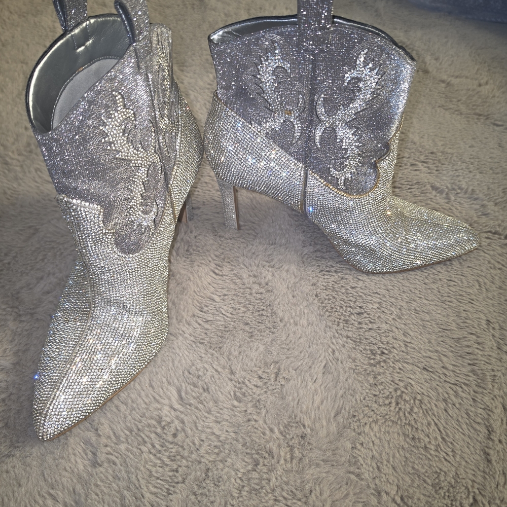 Gianni Bini Silver Crystal Pointed-Toe Stiletto Ankle Boots